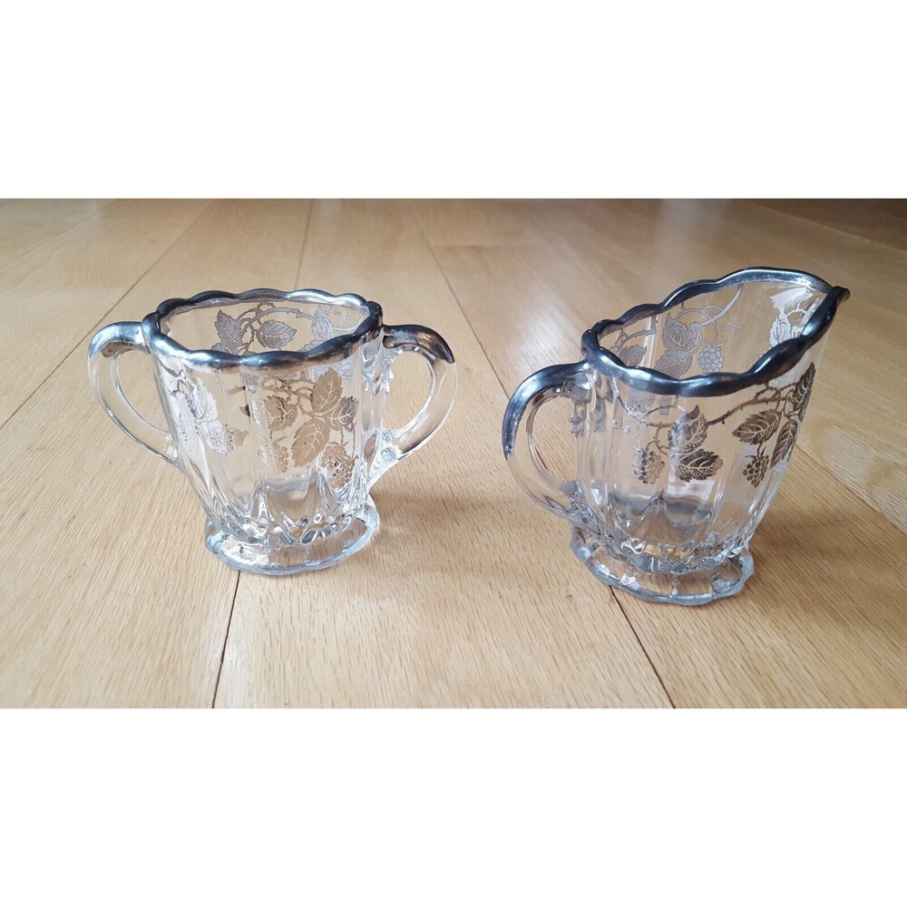 VINTAGE Silver Overlay Leaf Grapes Vines Design Open Sugar Creamer set